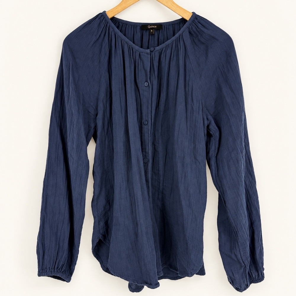 Quince Small 100% Organic Cotton Gauze Peasant Blouse Indigo Blue Boho Coastal